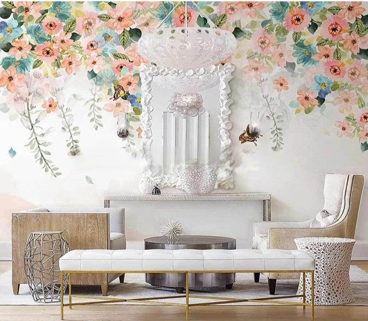 Beautifully Hand Painted Pastel Floral Swag Wallpaper Mural, Custom Sizes Available