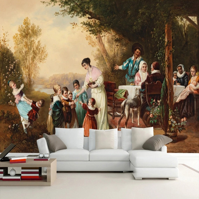 Painting of Family Gathering Wallpaper Mural, Custom Sizes Available