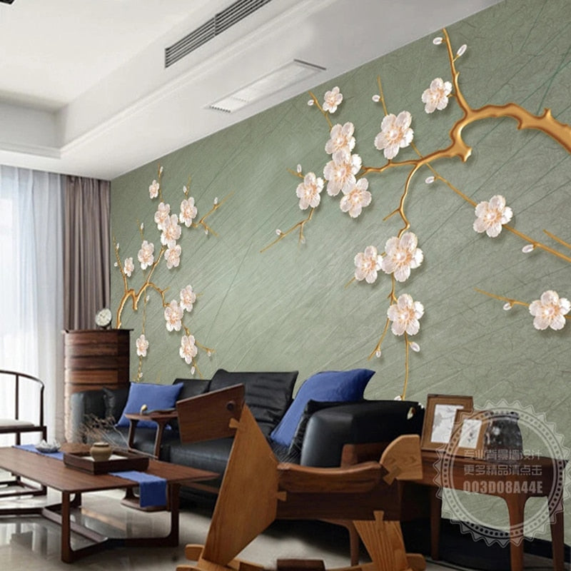 Plum Blossoms and Branches Wallpaper Mural, Custom Sizes Available