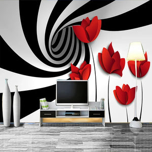 Abstract Spiral Black and White Vortex With Red Flowers Wallpaper Mural, Custom Sizes Available