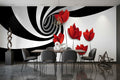Abstract Spiral Black and White Vortex With Red Flowers Wallpaper Mural, Custom Sizes Available