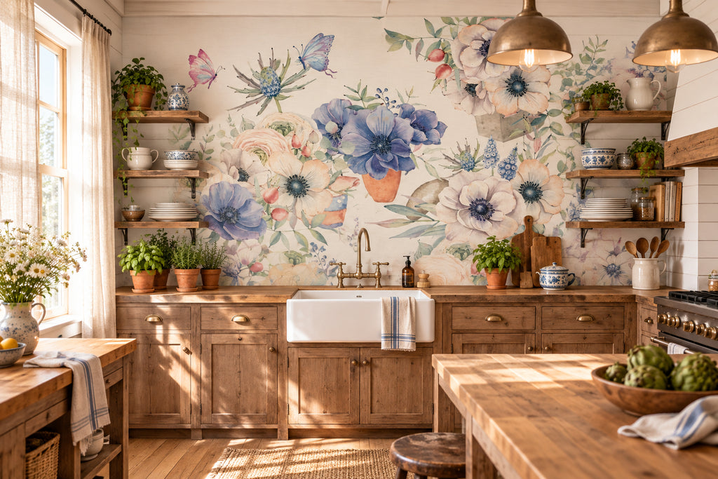 Elegant Watercolor Butterflies and Flowers Wallpaper Mural, Custom Sizes Available