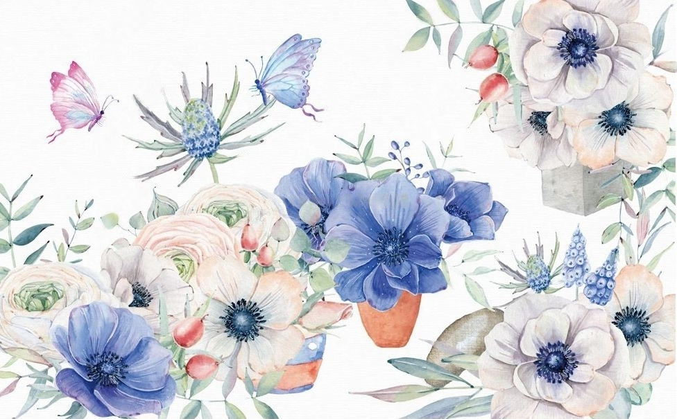 Elegant Watercolor Butterflies and Flowers Wallpaper Mural, Custom Sizes Available