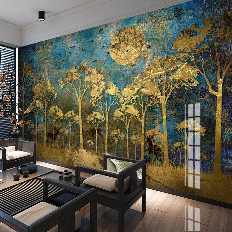 Gold Abstract Forest and Moon Wallpaper Mural, Custom Sizes Available
