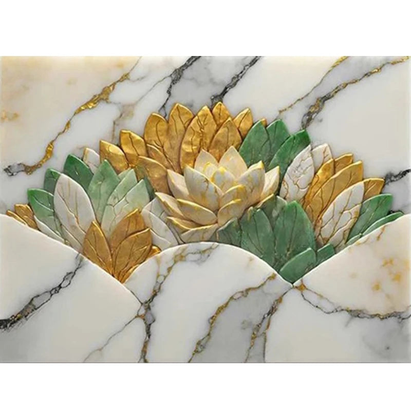 Exquisite Marble Flowers In Gold, Teal and Tan Wallpaper Mural, Custom Sizes Available