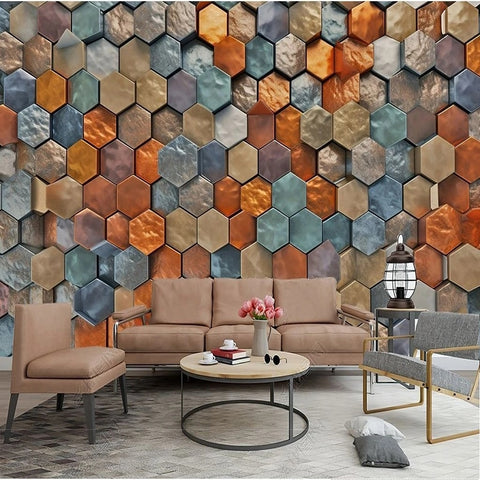 Image of Bold Multicolor Metal Hexagon Stack Wallpaper Mural, Custom Sizes Available