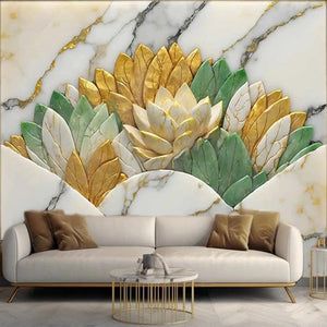 Exquisite Marble Flowers In Gold, Teal and Tan Wallpaper Mural, Custom Sizes Available