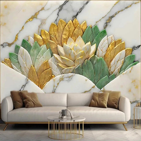 Image of Exquisite Marble Flowers In Gold, Teal and Tan Wallpaper Mural, Custom Sizes Available