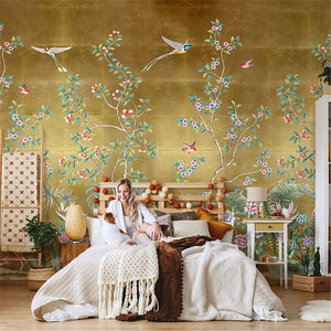 Three Exquisite Birds and Flowers Gold Background Wallpaper Murals, Custom Sizes Available