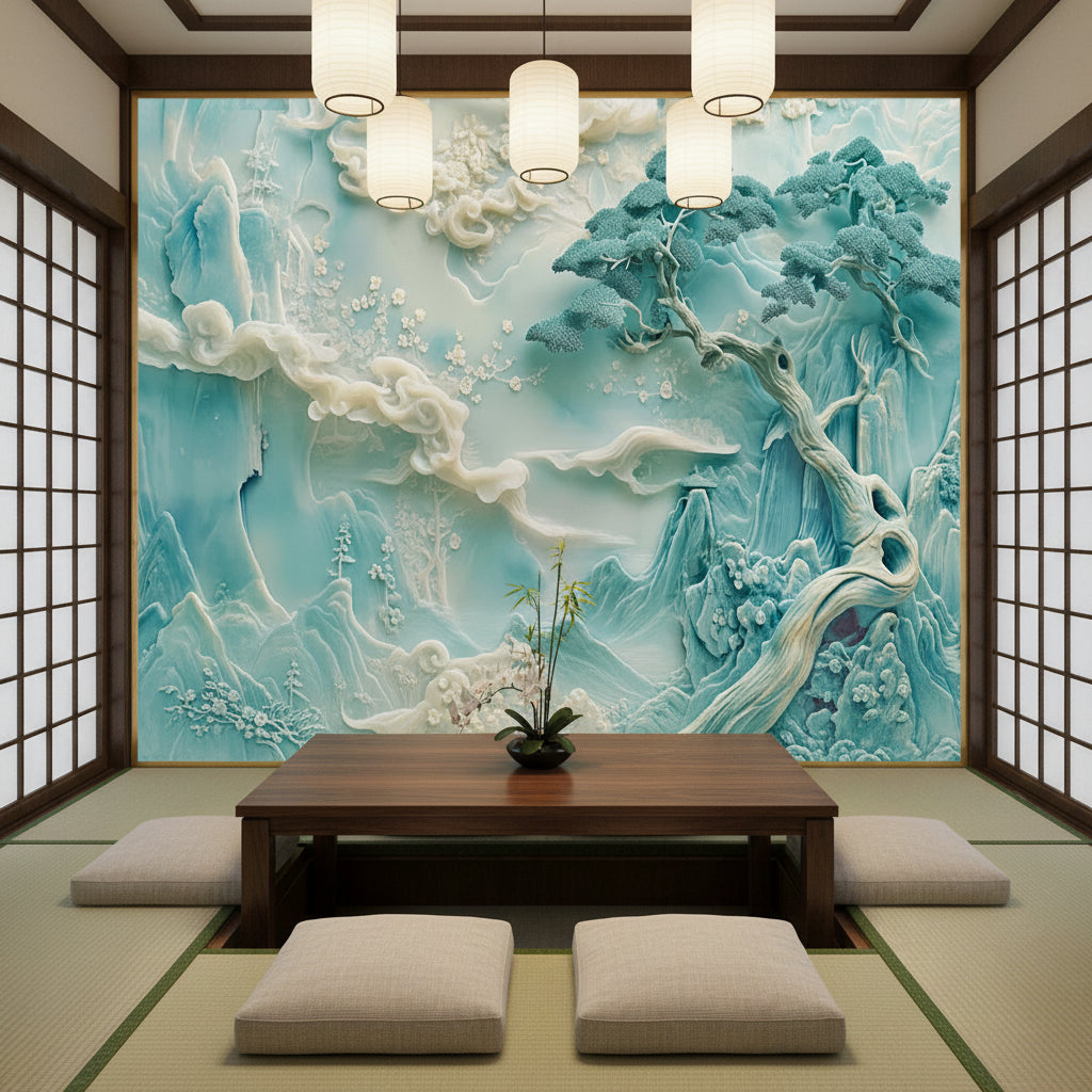 Exquisite Chinese Carved Landscape Wallpaper Mural, Custom Sizes Available