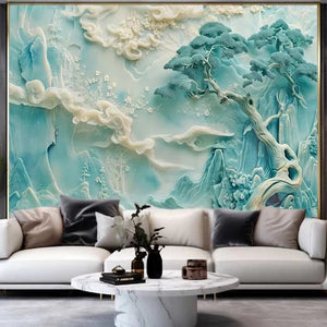 Exquisite Chinese Carved Landscape Wallpaper Mural, Custom Sizes Available