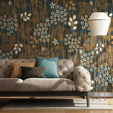 Image of White and Tan Blossoms On Blue Background Wallpaper Mural, Custom Sizes Available