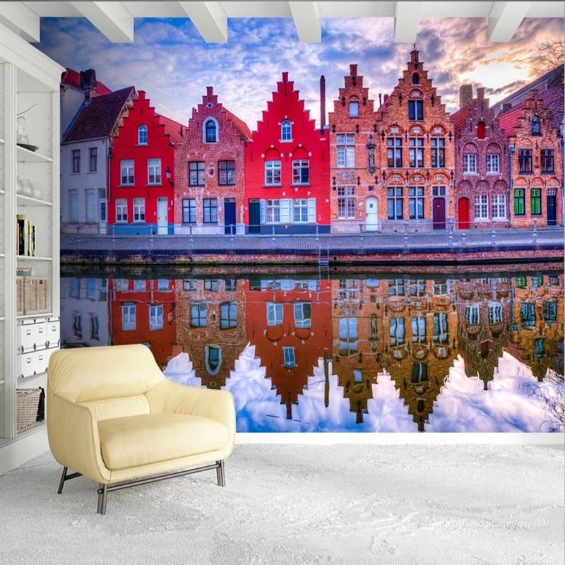 Quaint Reflection of Belgian Waterfront Row Houses Wallpaper Mural, Custom Sizes Available