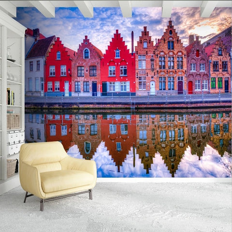 Image of Quaint Reflection of Belgian Waterfront Row Houses Wallpaper Mural, Custom Sizes Available