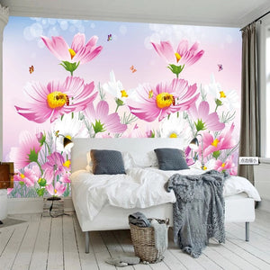 Lovely Pink and White Anemones and Butterflies Wallpaper Mural, Custom Sizes Available