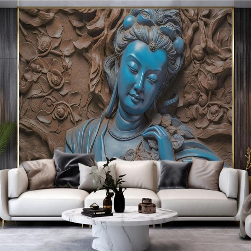 Blue Jade Avalokitesvara Relief Wallpaper Mural, Custom Sizes Available