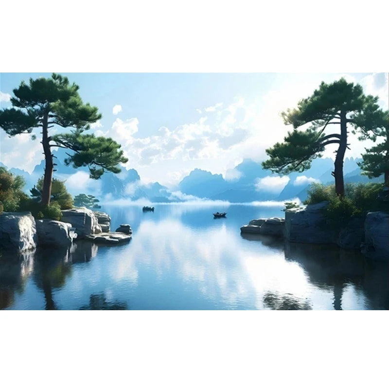 Serene Lake and Pine Trees Wallpaper Mural, Custom Sizes Available