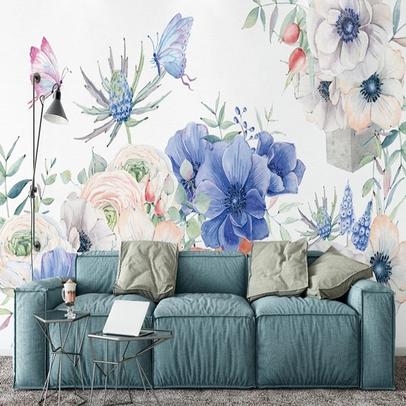 Elegant Watercolor Butterflies and Flowers Wallpaper Mural, Custom Sizes Available