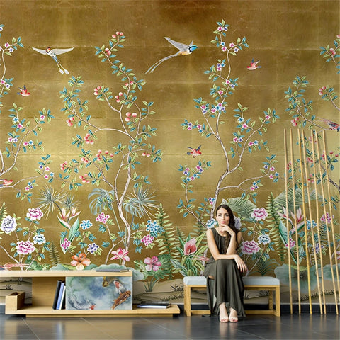Image of Three Exquisite Birds and Flowers Gold Background Wallpaper Murals, Custom Sizes Available