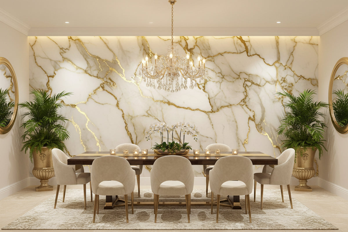 Heavily Gold-Veined White Marble Wallpaper Mural, Custom Sizes Available