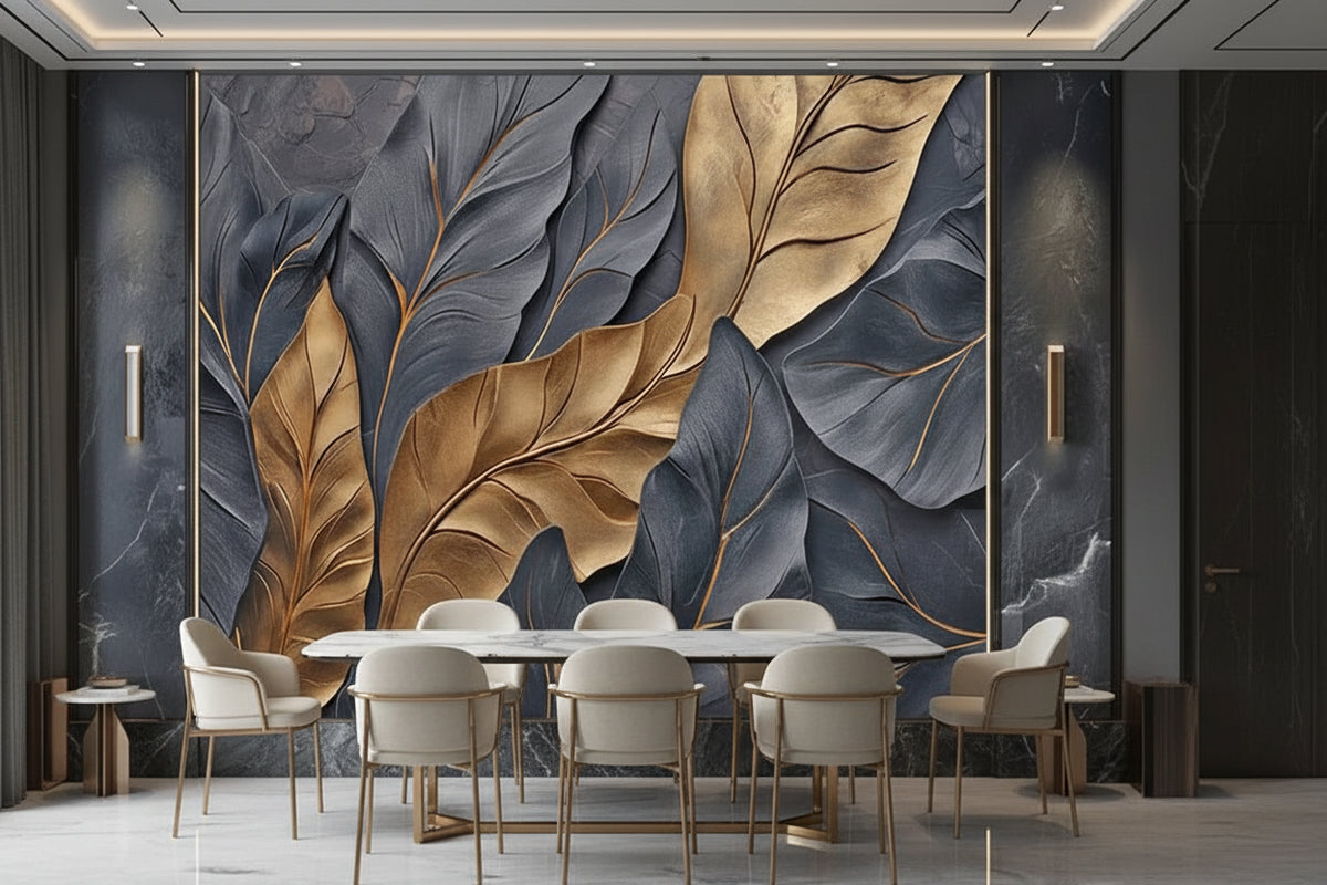 Bold Black and White Overlapping Leaves Mural Wallpaper. Custom Sizes Available