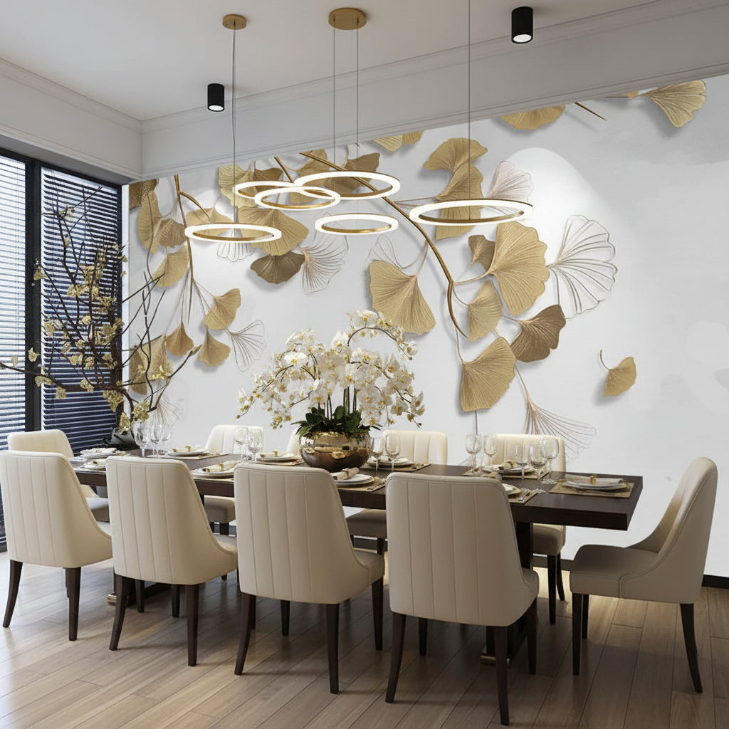 3D Golden Gingko Leaves Wallpaper Mural, Custom Sizes Available