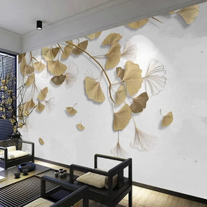 3D Golden Gingko Leaves Wallpaper Mural, Custom Sizes Available