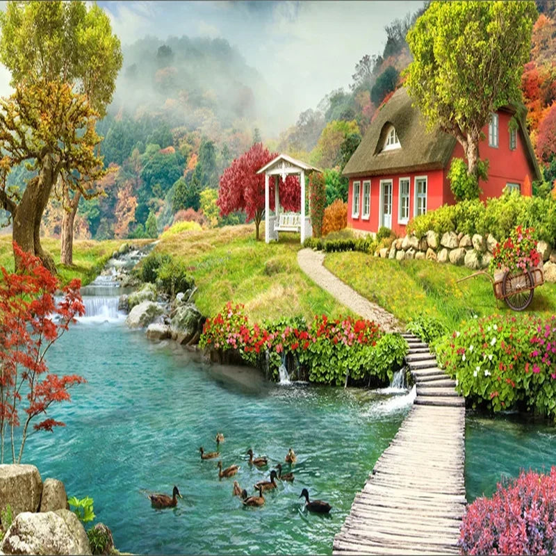 Idyllic Country House by the River Wallpaper Mural, Custom Sizes Available