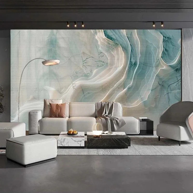 Exquisite Blue and White Wavy Marble Wallpaper Mural, Custom Sizes Available