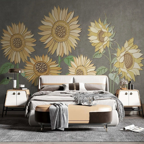 Image of Simple Outlined Sunflower Background Wallpaper Mural, Custom Sizes Available