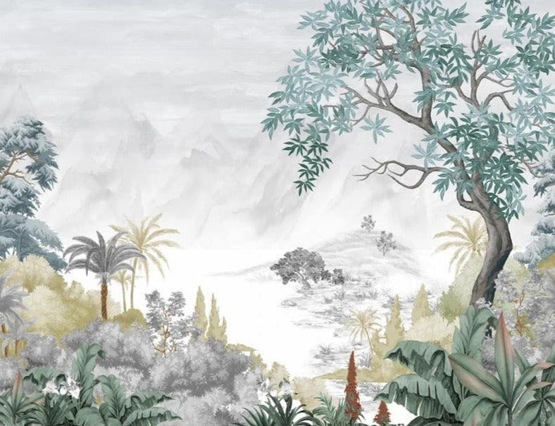Hand-Painted Landscape Wallpaper Mural, Custom Sizes Available