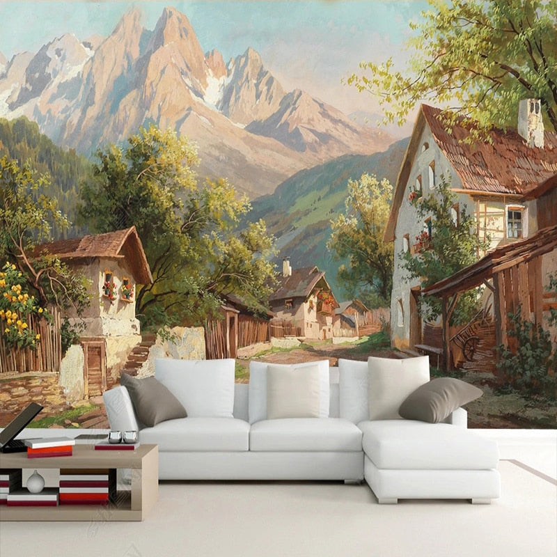 Pastoral Old Village Painting Wallpaper Mural, Custom Sizes Available