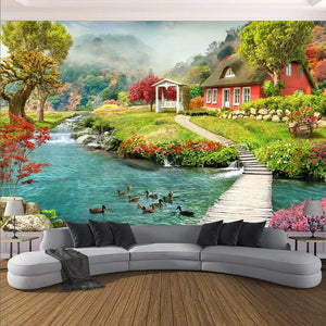 Idyllic Country House by the River Wallpaper Mural, Custom Sizes Available