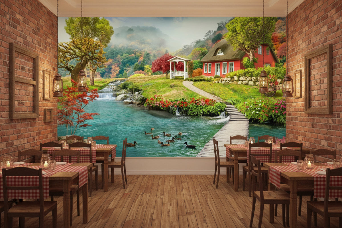 Idyllic Country House by the River Wallpaper Mural, Custom Sizes Available