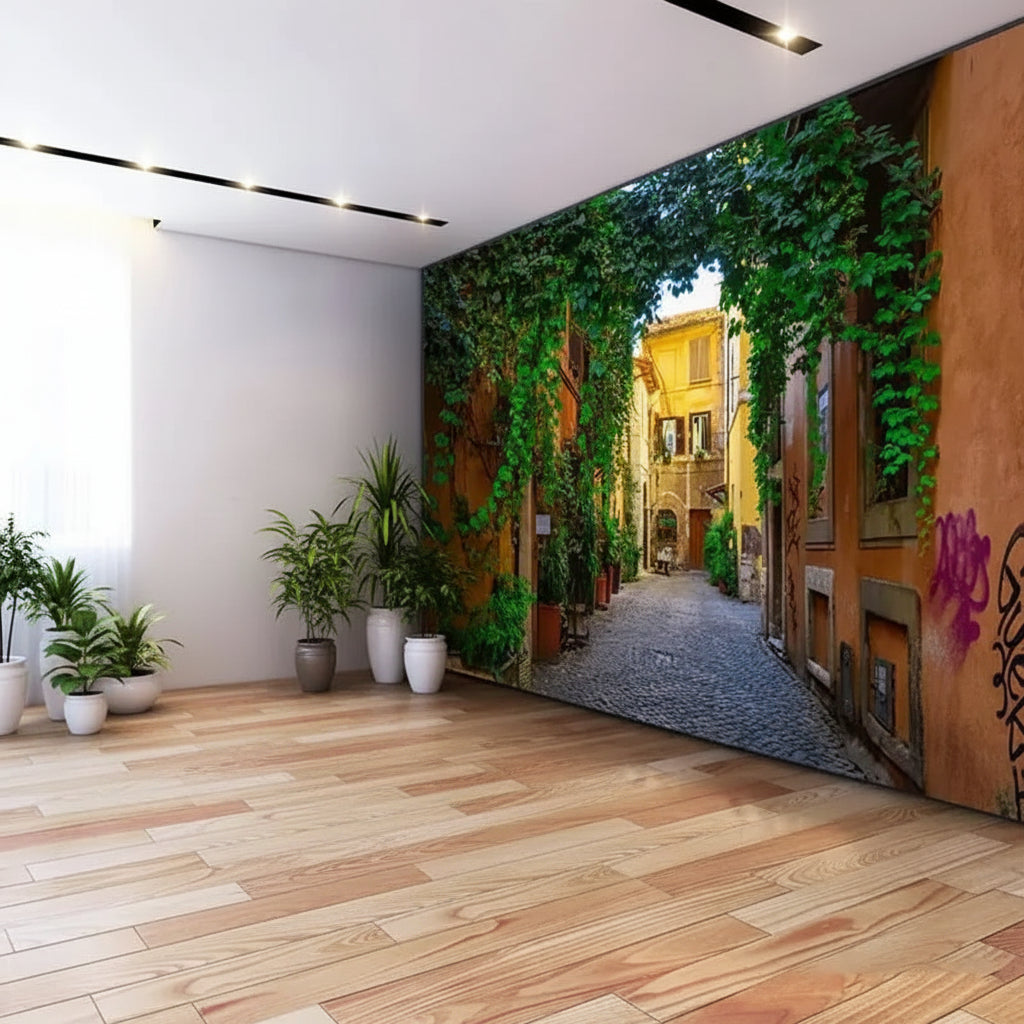 Stunning Ivy Covered Arch European Street Wallpaper Mural, Custom Sizes Available