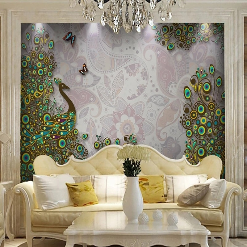 Awesome Stylised Colorful Peacock Wallpaper Mural, Custom Sizes Available