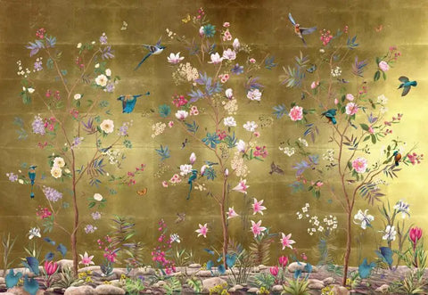Image of Three Exquisite Birds and Flowers Gold Background Wallpaper Murals, Custom Sizes Available