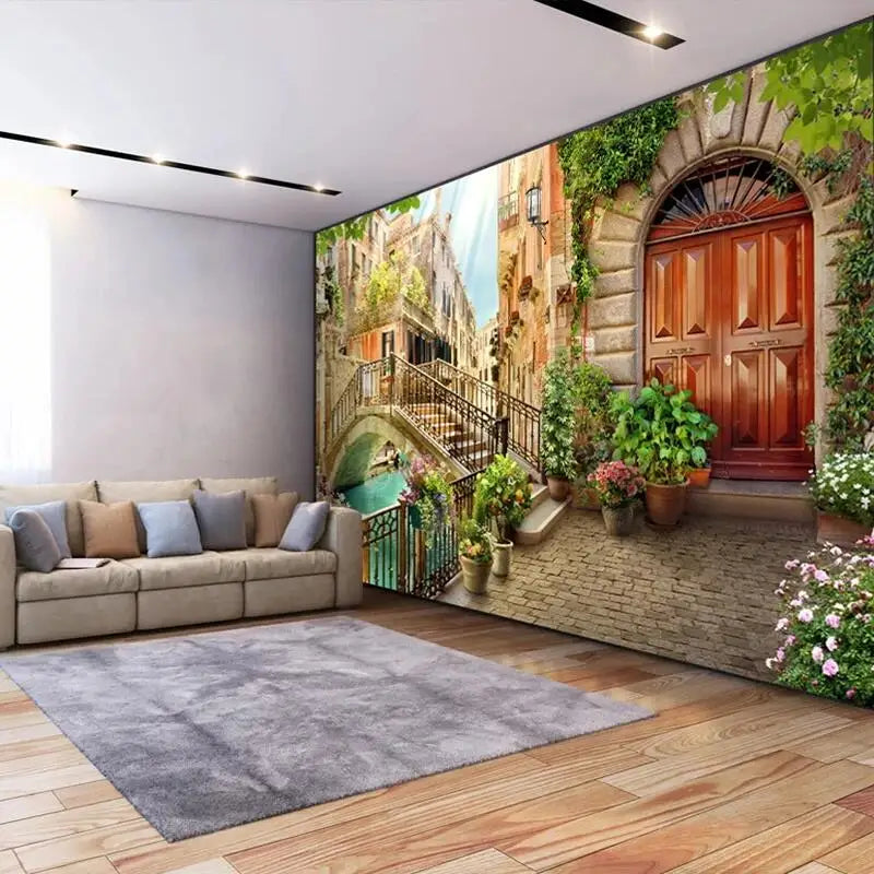 Quaint Italian Doorway and Bridge Wallpaper Mural, Custom Sizes Available
