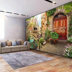 Quaint Italian Doorway and Bridge Wallpaper Mural, Custom Sizes Available