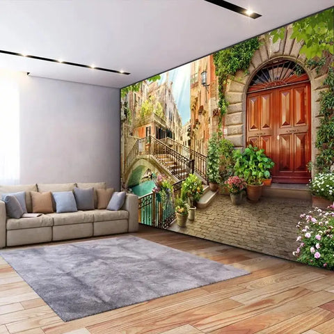 Image of Quaint Italian Doorway and Bridge Wallpaper Mural, Custom Sizes Available