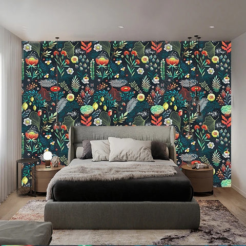 Image of Leaves and Blooms on Dark Background Wallpaper Mural, Custom Sizes Available