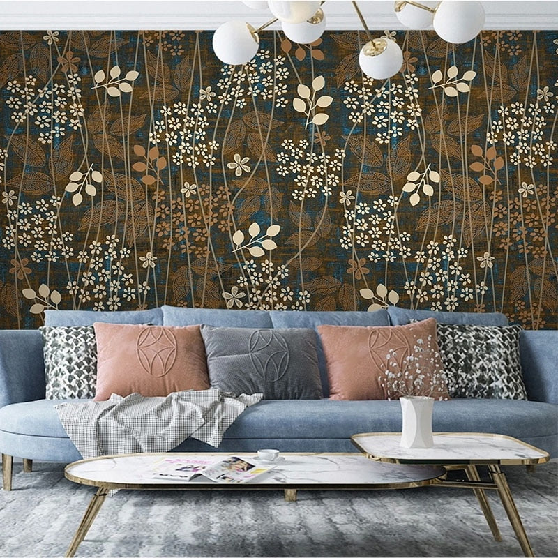 White and Tan Blossoms On Blue Background Wallpaper Mural, Custom Sizes Available