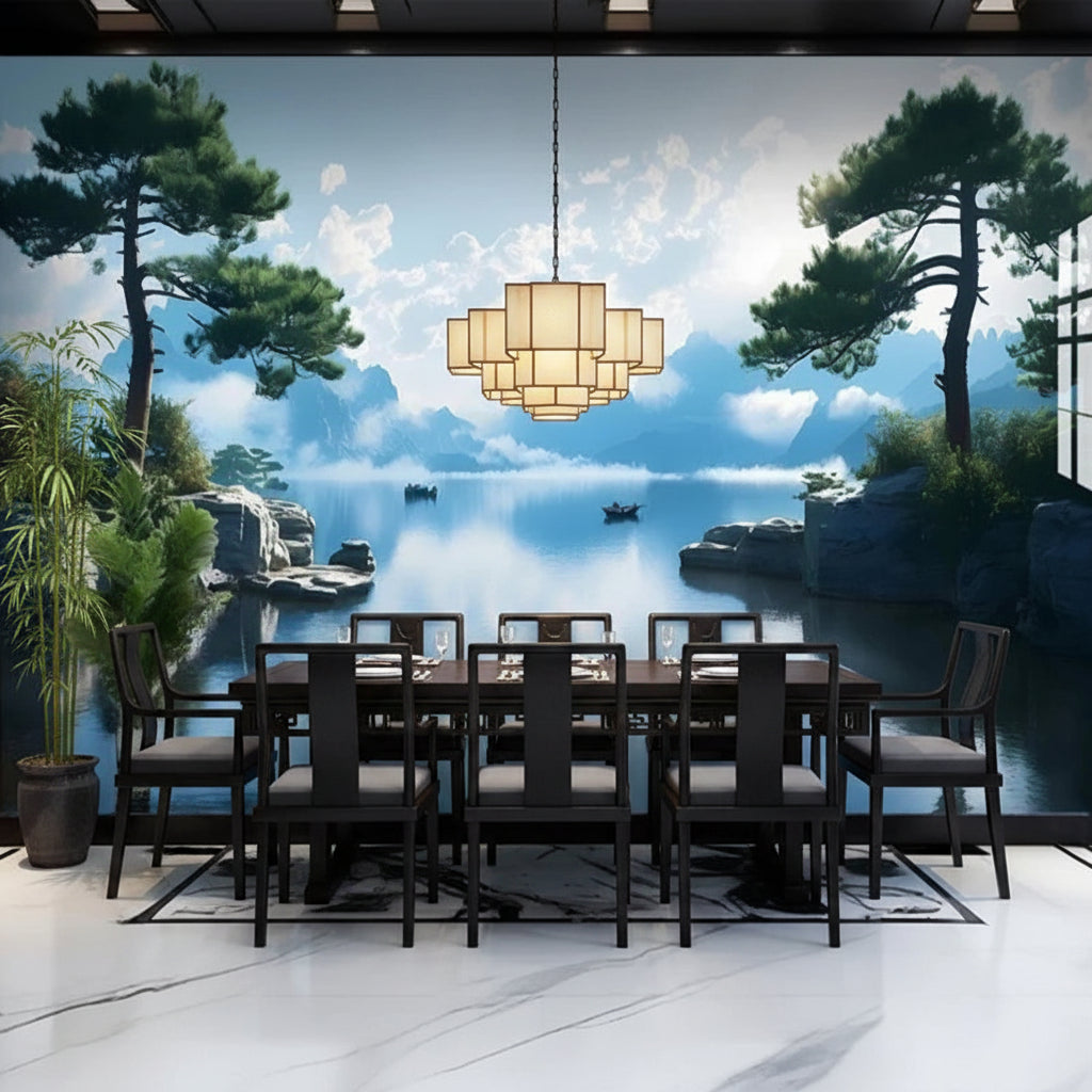 Serene Lake and Pine Trees Wallpaper Mural, Custom Sizes Available