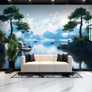 Serene Lake and Pine Trees Wallpaper Mural, Custom Sizes Available