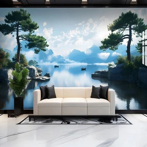 Image of Serene Lake and Pine Trees Wallpaper Mural, Custom Sizes Available