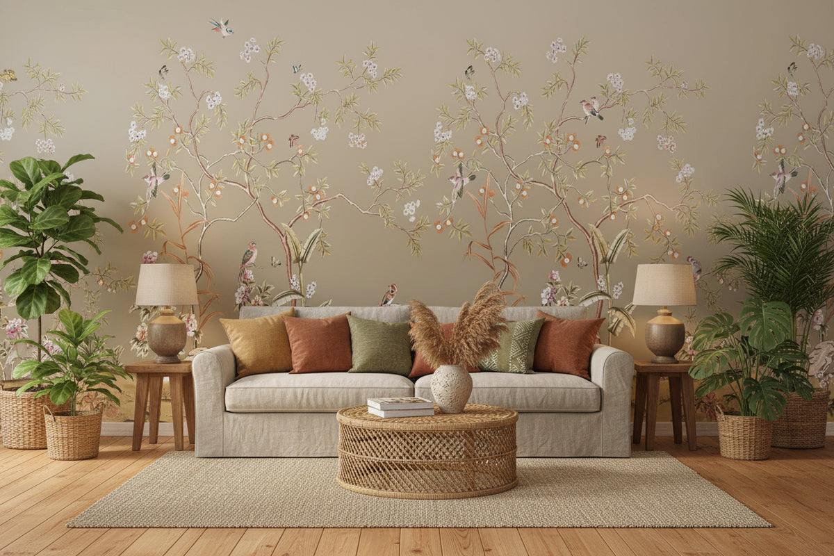 A styled interior scene showing a large wall mural with delicate floral branches, birds, and a peacock motif in soft beige, blush pink, green, and brown tones. In front of the wall is a light wood cabinet, a small chair with a draped green textile, and a table lamp on a pale wood floor.