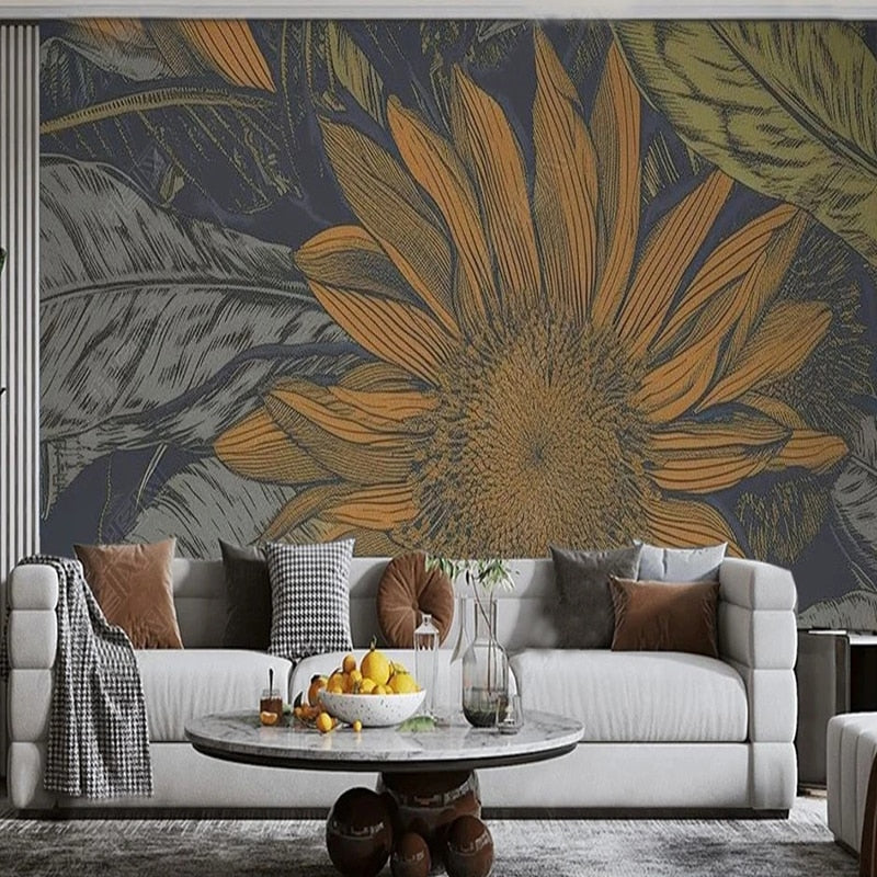 Modern Simple Sunflower Wallpaper Mural, Custom Sizes Available