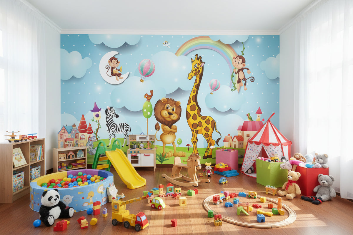 Child's Room Playful Animals Wallpaper Mural, Custom Murals Available
