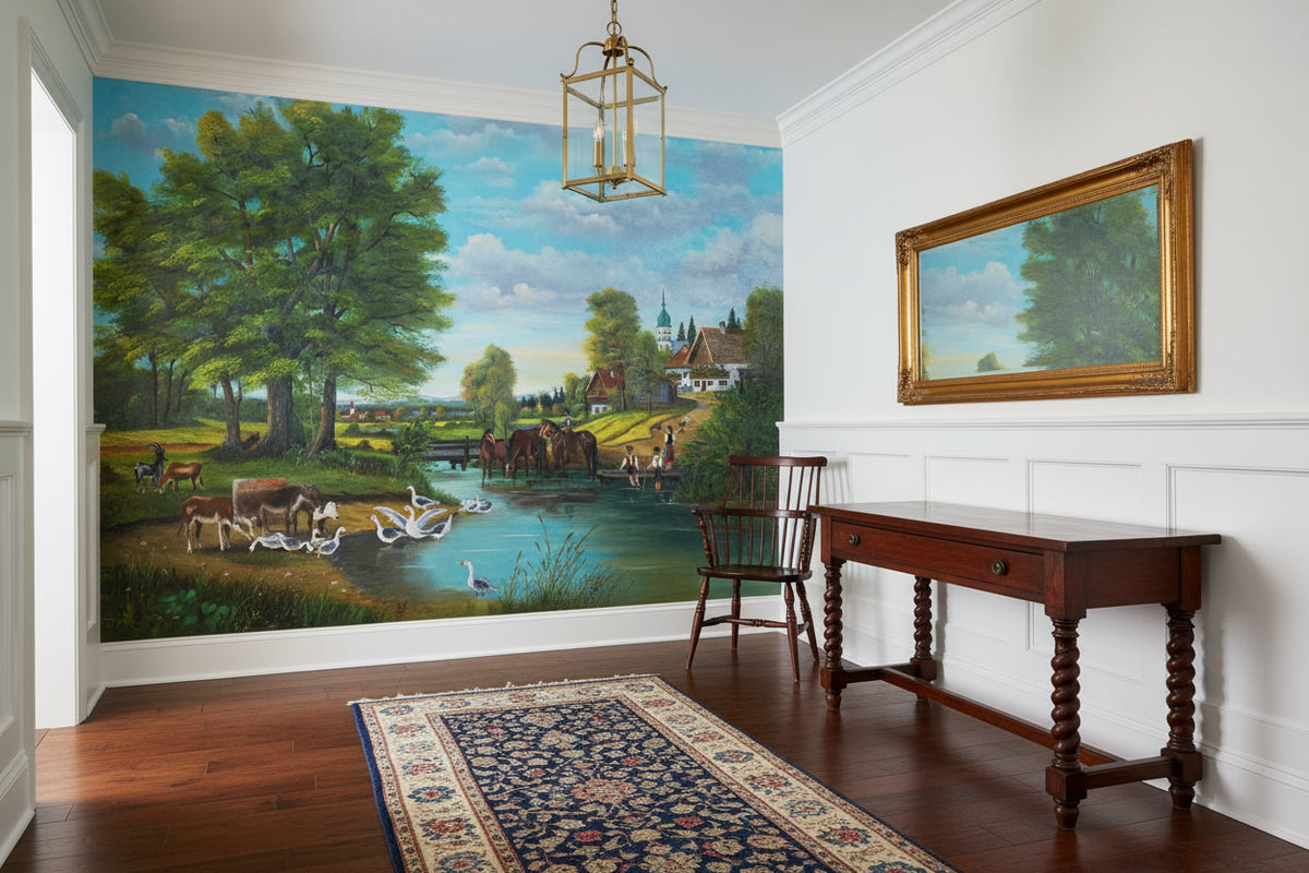 Beautiful Pastoral Oil Painting Wallpaper Mural, Custom Sizes Available