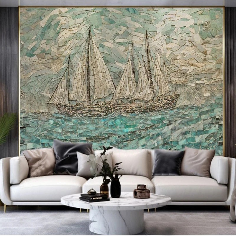 Exquisite Sailing Boats Mosaic Wallpaper Mural, Custom Sizes Available